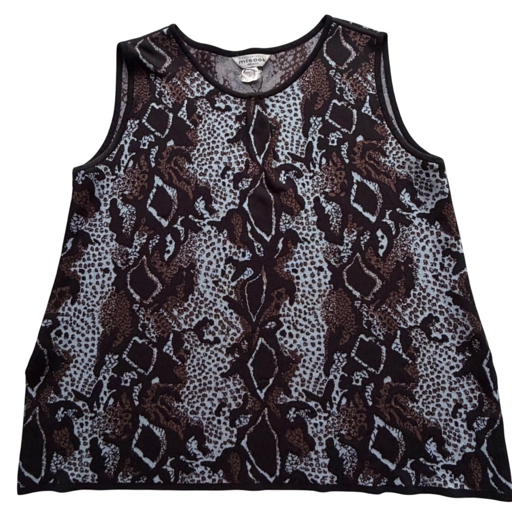 Misook Woman Animal Print Knit Tank Top Sleeveless Brown Blue Black Snagged